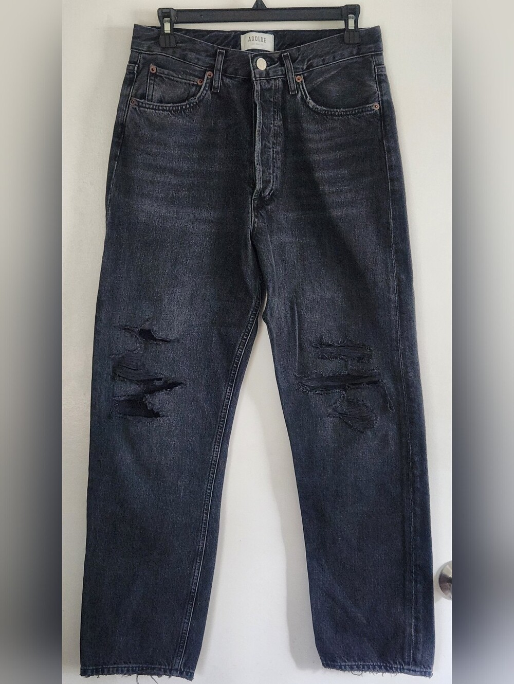 Agolde 90s Jean Womens 26 Black Distressed Ripped Straight Leg High Rise Denim
